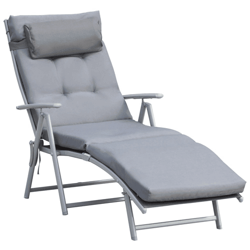 Outsunny Espreguiçadeira Dobrável de Jardim com Encosto Ajustável em 7 Posições, Almofada de Corpo Inteiro e Cabeça, para Terraço ou Piscina, Carga 165 kg, 137x63,5x100,5 cm, Cinzento