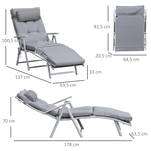 Outsunny Espreguiçadeira Dobrável de Jardim com Encosto Ajustável em 7 Posições, Almofada de Corpo Inteiro e Cabeça, para Terraço ou Piscina, Carga 165 kg, 137x63,5x100,5 cm, Cinzento