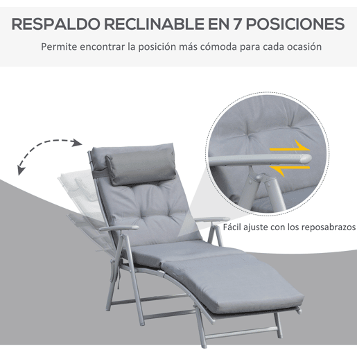 Outsunny Espreguiçadeira Dobrável de Jardim com Encosto Ajustável em 7 Posições, Almofada de Corpo Inteiro e Cabeça, para Terraço ou Piscina, Carga 165 kg, 137x63,5x100,5 cm, Cinzento