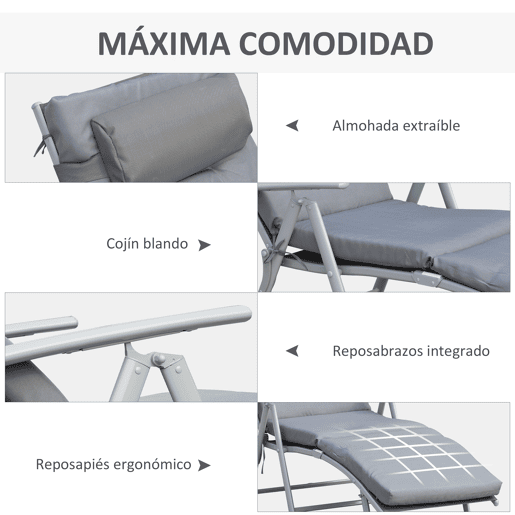 Outsunny Espreguiçadeira Dobrável de Jardim com Encosto Ajustável em 7 Posições, Almofada de Corpo Inteiro e Cabeça, para Terraço ou Piscina, Carga 165 kg, 137x63,5x100,5 cm, Cinzento