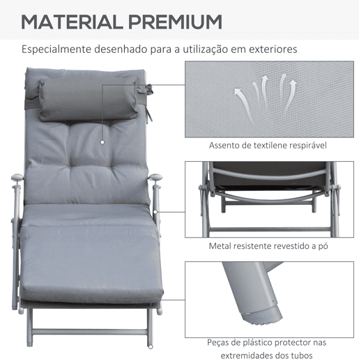 Outsunny Espreguiçadeira Dobrável de Jardim com Encosto Ajustável em 7 Posições, Almofada de Corpo Inteiro e Cabeça, para Terraço ou Piscina, Carga 165 kg, 137x63,5x100,5 cm, Cinzento