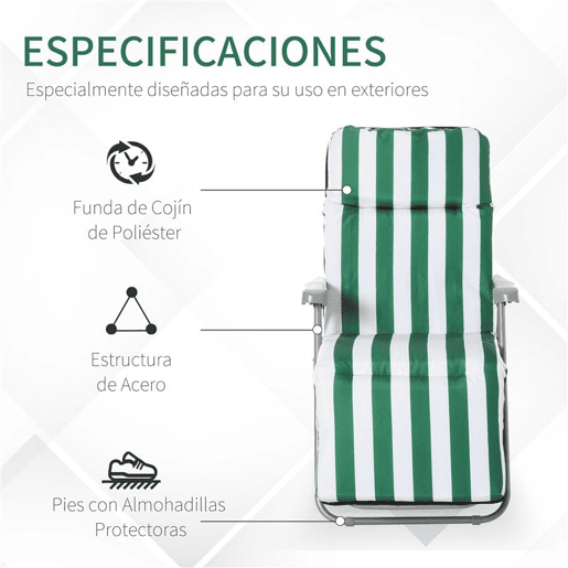 Outsunny Conjunto de 2 Espreguiçadeiras Dobráveis de Jardim Exterior com Almofada Acolchoada, Encosto Ajustável em 5 Posições, Apoio para Pés e Estrutura de Aço, 60x75x65-102 cm, Riscas Verdes