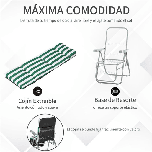 Outsunny Conjunto de 2 Espreguiçadeiras Dobráveis de Jardim Exterior com Almofada Acolchoada, Encosto Ajustável em 5 Posições, Apoio para Pés e Estrutura de Aço, 60x75x65-102 cm, Riscas Verdes