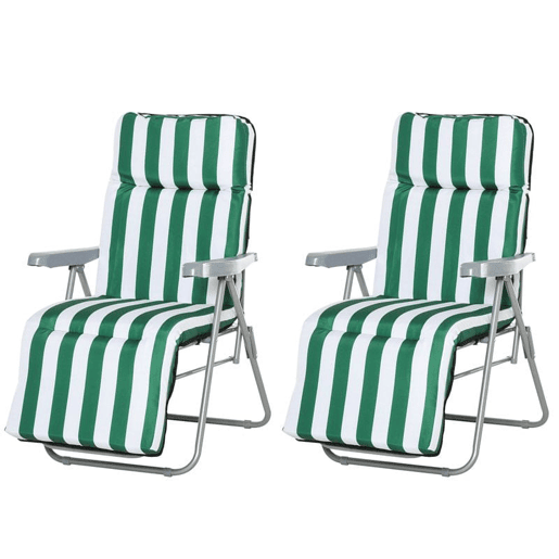 Outsunny Conjunto de 2 Espreguiçadeiras Dobráveis de Jardim Exterior com Almofada Acolchoada, Encosto Ajustável em 5 Posições, Apoio para Pés e Estrutura de Aço, 60x75x65-102 cm, Riscas Verdes