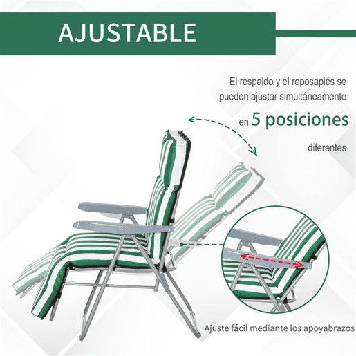 Outsunny Conjunto de 2 Espreguiçadeiras Dobráveis de Jardim Exterior com Almofada Acolchoada, Encosto Ajustável em 5 Posições, Apoio para Pés e Estrutura de Aço, 60x75x65-102 cm, Riscas Verdes