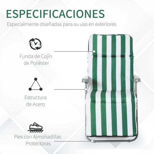 Outsunny Conjunto de 2 Espreguiçadeiras Dobráveis de Jardim Exterior com Almofada Acolchoada, Encosto Ajustável em 5 Posições, Apoio para Pés e Estrutura de Aço, 60x75x65-102 cm, Riscas Verdes