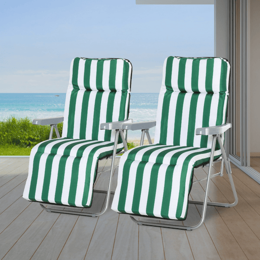 Outsunny Conjunto de 2 Espreguiçadeiras Dobráveis de Jardim Exterior com Almofada Acolchoada, Encosto Ajustável em 5 Posições, Apoio para Pés e Estrutura de Aço, 60x75x65-102 cm, Riscas Verdes
