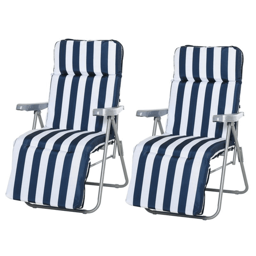 Outsunny Conjunto de 2 Espreguiçadeiras Dobráveis de Jardim com Almofada Acolchoada, Encosto Ajustável em 5 Posições, Apoio para Pés e Estrutura de Aço, 60x75x65-102 cm, Azul e Branco