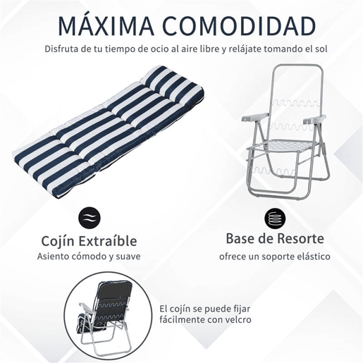 Outsunny Conjunto de 2 Espreguiçadeiras Dobráveis de Jardim com Almofada Acolchoada, Encosto Ajustável em 5 Posições, Apoio para Pés e Estrutura de Aço, 60x75x65-102 cm, Azul e Branco