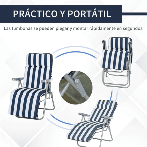 Outsunny Conjunto de 2 Espreguiçadeiras Dobráveis de Jardim com Almofada Acolchoada, Encosto Ajustável em 5 Posições, Apoio para Pés e Estrutura de Aço, 60x75x65-102 cm, Azul e Branco