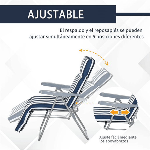 Outsunny Conjunto de 2 Espreguiçadeiras Dobráveis de Jardim com Almofada Acolchoada, Encosto Ajustável em 5 Posições, Apoio para Pés e Estrutura de Aço, 60x75x65-102 cm, Azul e Branco