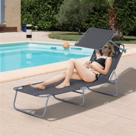 Outsunny Espreguiçadeira de Jardim Dobrável com Toldo Removível e Ajustável em Ângulo e Encosto Ajustável em 4 Posições para Jardim Terraço Campismo Exterior 187x58x36cm Cinza