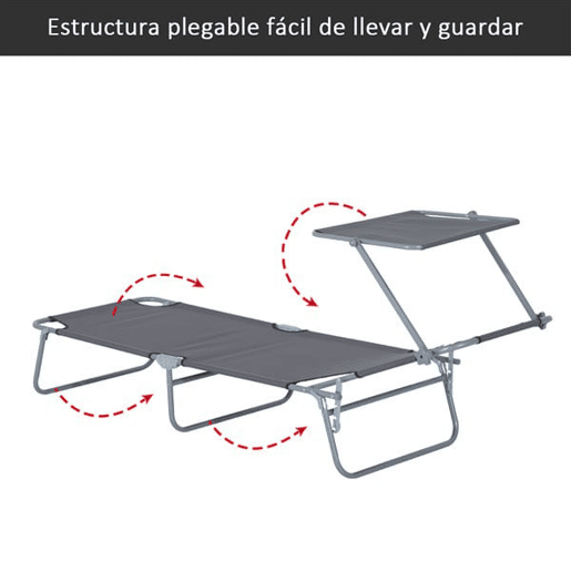 Outsunny Espreguiçadeira de Jardim Dobrável com Toldo Removível e Ajustável em Ângulo e Encosto Ajustável em 4 Posições para Jardim Terraço Campismo Exterior 187x58x36cm Cinza