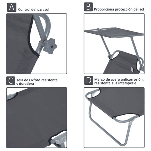 Outsunny Espreguiçadeira de Jardim Dobrável com Toldo Removível e Ajustável em Ângulo e Encosto Ajustável em 4 Posições para Jardim Terraço Campismo Exterior 187x58x36cm Cinza
