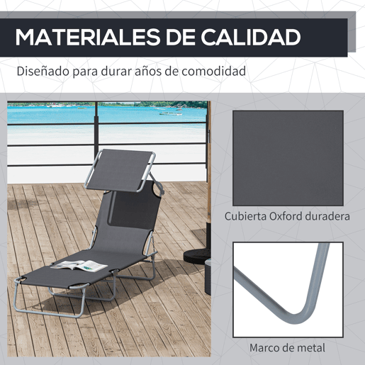Outsunny Espreguiçadeira de Jardim Dobrável com Toldo Removível e Ajustável em Ângulo e Encosto Ajustável em 4 Posições para Jardim Terraço Campismo Exterior 187x58x36cm Cinza