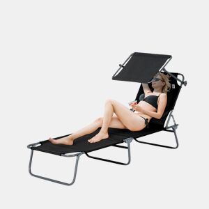 Outsunny Espreguiçadeira de Jardim Dobrável com Toldo Removível e Ajustável em Ângulo e Encosto Ajustável em 4 Posições para Jardim Terraço Campismo Exterior 187x58x36cm Preto