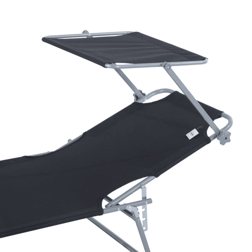 Outsunny Espreguiçadeira de Jardim Dobrável com Toldo Removível e Ajustável em Ângulo e Encosto Ajustável em 4 Posições para Jardim Terraço Campismo Exterior 187x58x36cm Preto