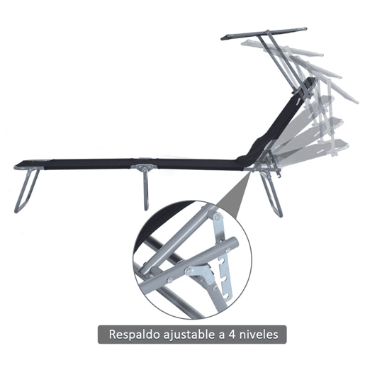 Outsunny Espreguiçadeira de Jardim Dobrável com Toldo Removível e Ajustável em Ângulo e Encosto Ajustável em 4 Posições para Jardim Terraço Campismo Exterior 187x58x36cm Preto