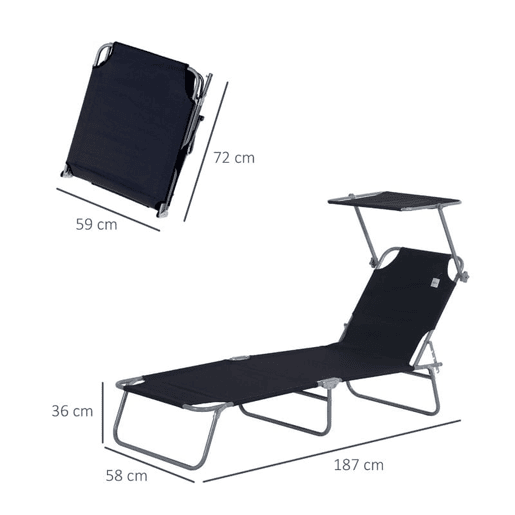 Outsunny Espreguiçadeira de Jardim Dobrável com Toldo Removível e Ajustável em Ângulo e Encosto Ajustável em 4 Posições para Jardim Terraço Campismo Exterior 187x58x36cm Preto