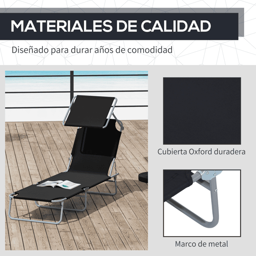 Outsunny Espreguiçadeira de Jardim Dobrável com Toldo Removível e Ajustável em Ângulo e Encosto Ajustável em 4 Posições para Jardim Terraço Campismo Exterior 187x58x36cm Preto
