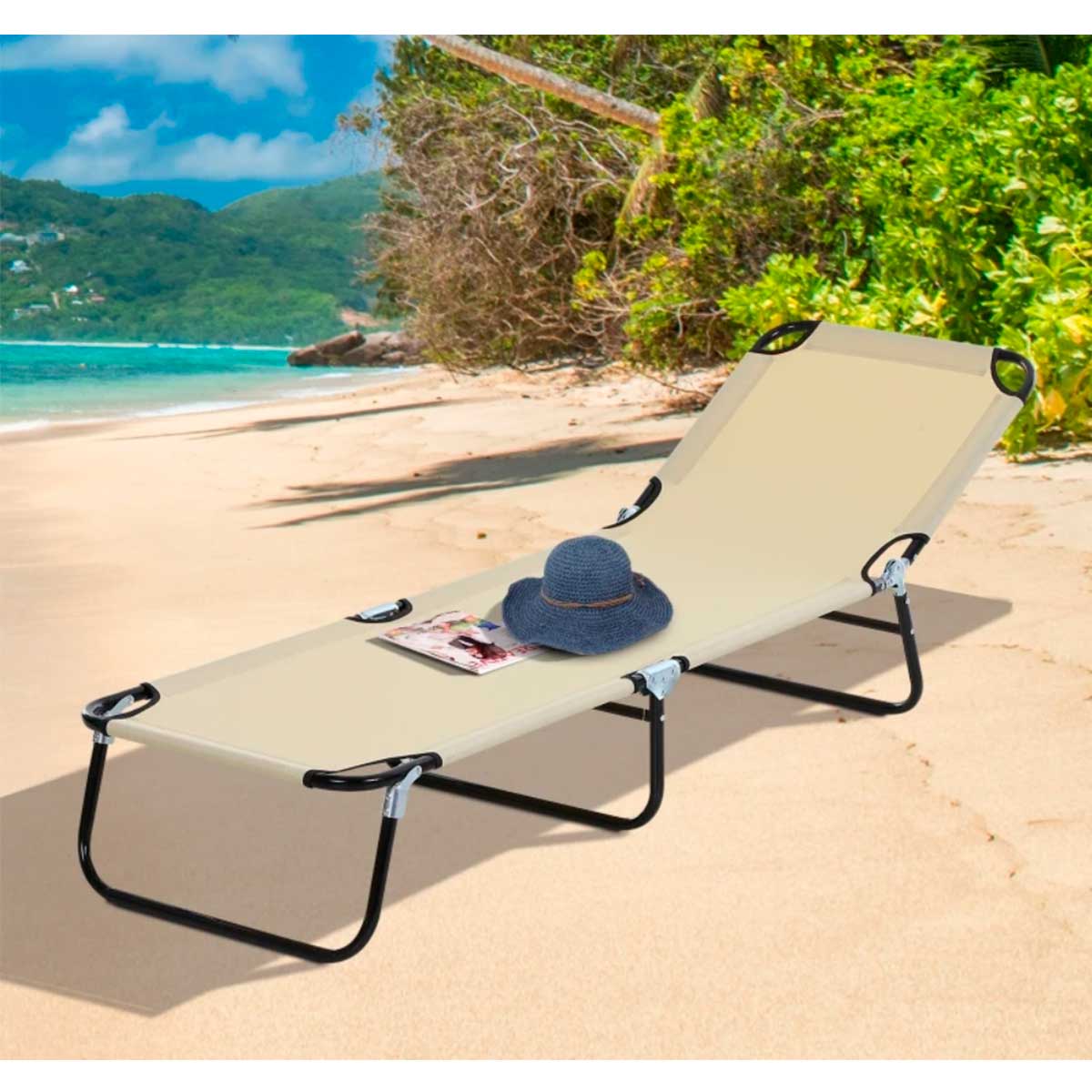 Outsunny tumbona plegable reclinable con ángulo ajustable de 5 posiciones para jardín exterior piscina terraza camping carga 120 kg 188x56x28 cm beige