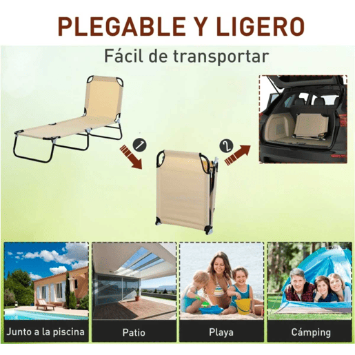 Outsunny Espreguiçadeira Dobrável Reclinável com Ângulo Ajustável de 3 Posições para Exterior Carga 120 kg 188x56x28 cm Creme