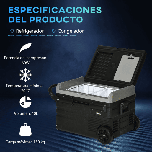Outsunny Geleira Elétrica de Compressor Portátil 40L Geleira de Carro CC 12V24V até -20? com Ecrã LED Tátil Alça Retrátil e Rodas 71,1x46x44 cm Preto