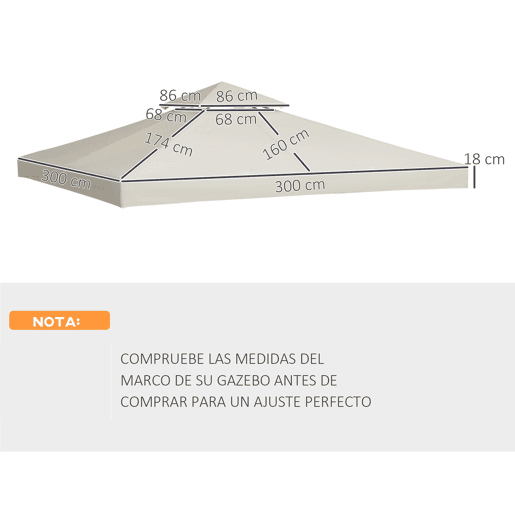 Outsunny Telhado de Reposição para Gazebo, 3x3 m, Cobertura de Reposição com Telhado Duplo, 8 Orifícios de Drenagem e Proteção UV, APENAS Toldo de Reposição para Pavilhão Gazebo, Creme Outsunny Telhado de Reposição para Gazebo, 3x3 m, Cobertura de Reposição com Telhado Duplo, 8 Orifícios de Drenagem e Proteção UV, APENAS Toldo de Reposição para Pavilhão Gazebo, Creme