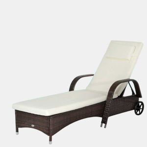 Outsunny Espreguiçadeira de Vime Jardim Espreguiçadeira com Encosto Ajustável em 5 Posições Almofadas Acolchoadas Apoio para a Cabeça e 2 Rodas 200x73x56-103cm Marrom e Bege