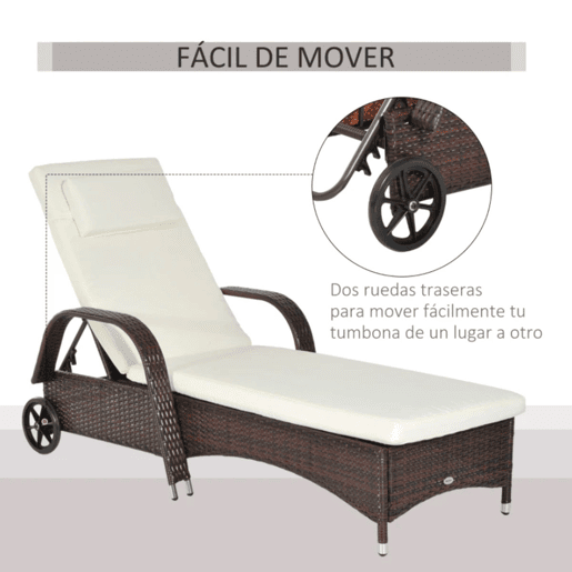 Outsunny Espreguiçadeira de Vime Jardim Espreguiçadeira com Encosto Ajustável em 5 Posições Almofadas Acolchoadas Apoio para a Cabeça e 2 Rodas 200x73x56-103cm Marrom e Bege