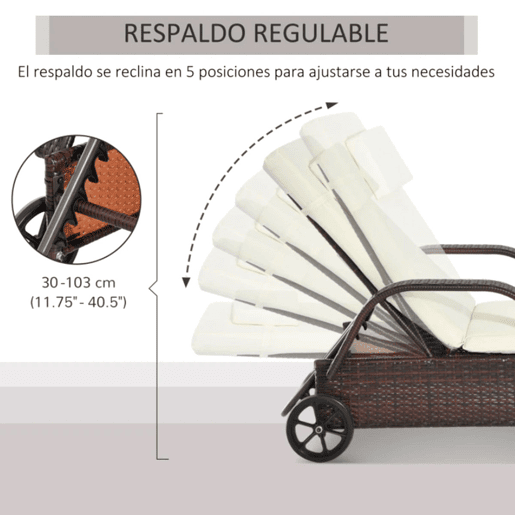 Outsunny Espreguiçadeira de Vime Jardim Espreguiçadeira com Encosto Ajustável em 5 Posições Almofadas Acolchoadas Apoio para a Cabeça e 2 Rodas 200x73x56-103cm Marrom e Bege