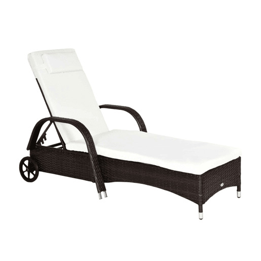 Outsunny Espreguiçadeira de Vime Jardim Espreguiçadeira com Encosto Ajustável em 5 Posições Almofadas Acolchoadas Apoio para a Cabeça e 2 Rodas 200x73x56-103cm Marrom e Bege