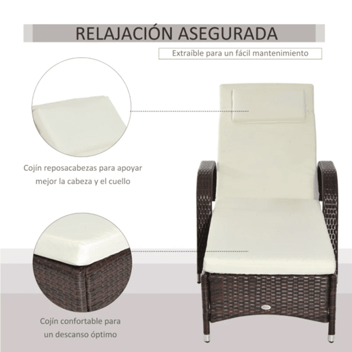 Outsunny Espreguiçadeira de Vime Jardim Espreguiçadeira com Encosto Ajustável em 5 Posições Almofadas Acolchoadas Apoio para a Cabeça e 2 Rodas 200x73x56-103cm Marrom e Bege