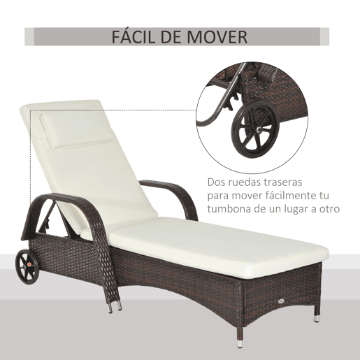 Outsunny Espreguiçadeira de Vime Jardim Espreguiçadeira com Encosto Ajustável em 5 Posições Almofadas Acolchoadas Apoio para a Cabeça e 2 Rodas 200x73x56-103cm Marrom e Bege