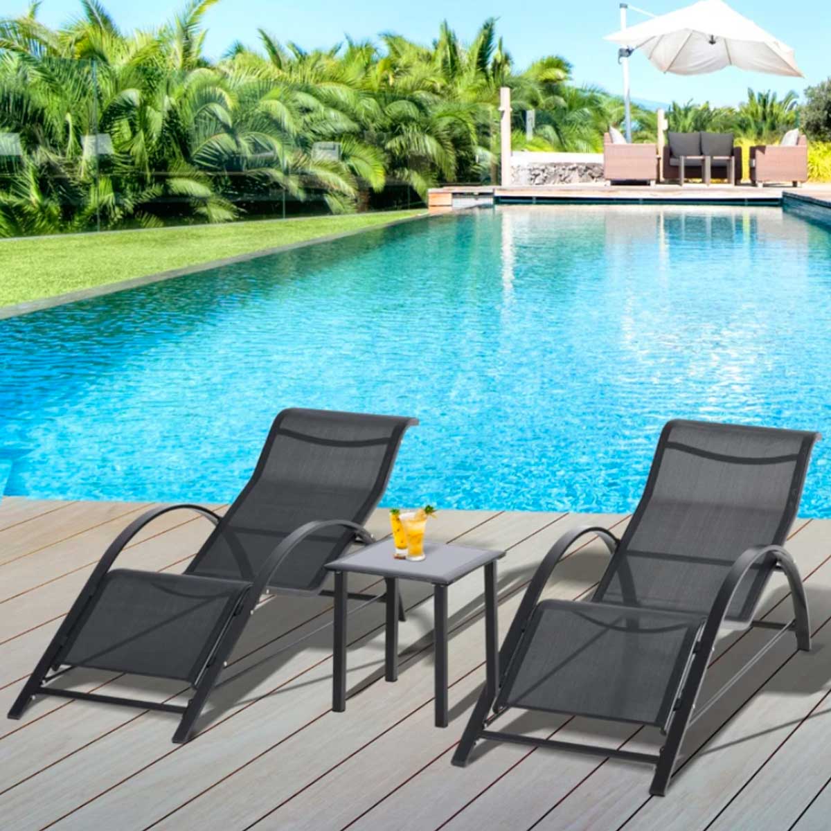 Outsunny set de 2 tumbonas jardín exterior con mesa auxiliar de vidrio templado tumbonas con respaldo reposabrazos para patio piscina terraza exterior negro