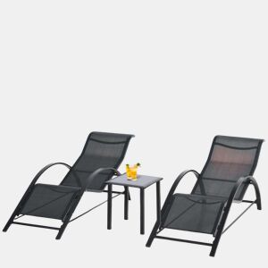 Outsunny 2 Espreguiçadeiras de Jardim 59x169x66 cm com Mesa 41x41x45 cm Vidro Temperado Apoio de Braços para Pátio Piscina Varanda Exterior Preto