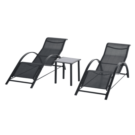 Outsunny 2 Espreguiçadeiras de Jardim 59x169x66 cm com Mesa 41x41x45 cm Vidro Temperado Apoio de Braços para Pátio Piscina Varanda Exterior Preto
