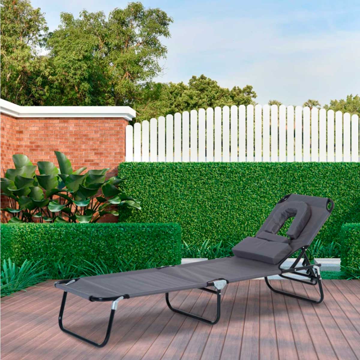 Outsunny tumbona plegable con respaldo regulable en 4 posiciones tumbona de jardín con orificio de lectura almohada marco metálico y tela oxford para playa terraza carga 120 kg 190x56x28 cm gris