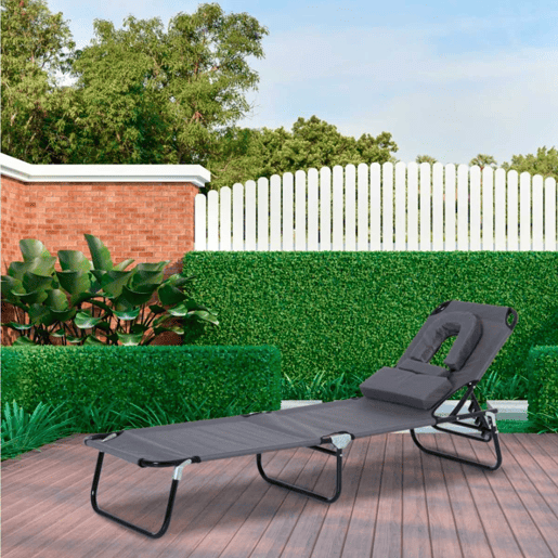Outsunny Espreguiçadeira Dobrável com Encosto Regulável em 4 Posições Espreguiçadeira de Jardim com Orifício para Leitura Almofada Estrutura Metálica e Tecido Oxford para Praia Terraço Carga 120 kg 190x56x28 cm Cinzento