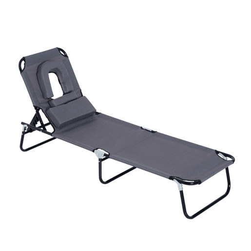 Outsunny Espreguiçadeira Dobrável com Encosto Regulável em 4 Posições Espreguiçadeira de Jardim com Orifício para Leitura Almofada Estrutura Metálica e Tecido Oxford para Praia Terraço Carga 120 kg 190x56x28 cm Cinzento