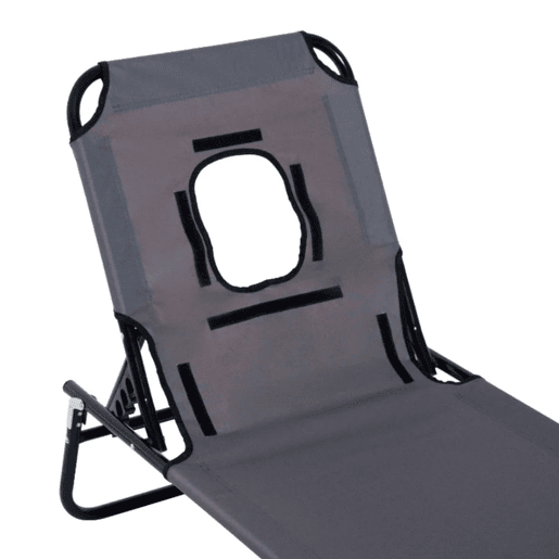 Outsunny Espreguiçadeira Dobrável com Encosto Regulável em 4 Posições Espreguiçadeira de Jardim com Orifício para Leitura Almofada Estrutura Metálica e Tecido Oxford para Praia Terraço Carga 120 kg 190x56x28 cm Cinzento