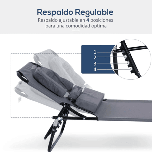 Outsunny Espreguiçadeira Dobrável com Encosto Regulável em 4 Posições Espreguiçadeira de Jardim com Orifício para Leitura Almofada Estrutura Metálica e Tecido Oxford para Praia Terraço Carga 120 kg 190x56x28 cm Cinzento