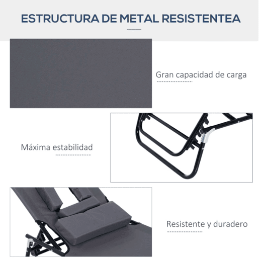 Outsunny Espreguiçadeira Dobrável com Encosto Regulável em 4 Posições Espreguiçadeira de Jardim com Orifício para Leitura Almofada Estrutura Metálica e Tecido Oxford para Praia Terraço Carga 120 kg 190x56x28 cm Cinzento