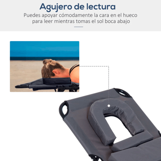 Outsunny Espreguiçadeira Dobrável com Encosto Regulável em 4 Posições Espreguiçadeira de Jardim com Orifício para Leitura Almofada Estrutura Metálica e Tecido Oxford para Praia Terraço Carga 120 kg 190x56x28 cm Cinzento