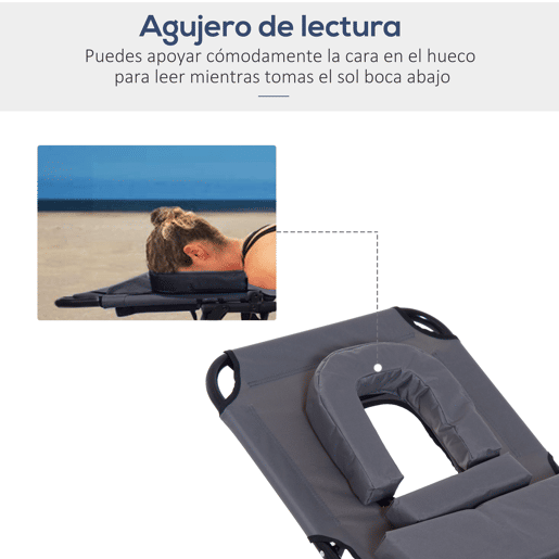 Outsunny Espreguiçadeira Dobrável com Encosto Regulável em 4 Posições Espreguiçadeira de Jardim com Orifício para Leitura Almofada Estrutura Metálica e Tecido Oxford para Praia Terraço Carga 120 kg 190x56x28 cm Cinzento