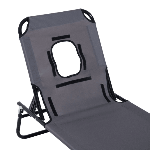 Outsunny Espreguiçadeira Dobrável com Encosto Regulável em 4 Posições Espreguiçadeira de Jardim com Orifício para Leitura Almofada Estrutura Metálica e Tecido Oxford para Praia Terraço Carga 120 kg 190x56x28 cm Cinzento