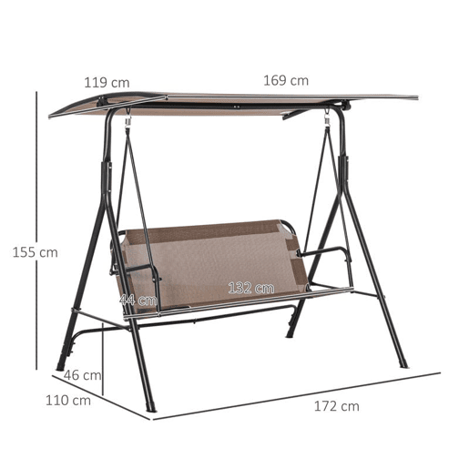 Outsunny Baloiço de Jardim de 2 Lugares Baloiço com Teto Ajustável em Ângulo para Terraço Balcão Carga Máxima 200kg Aço 172x110x155cm Marrom