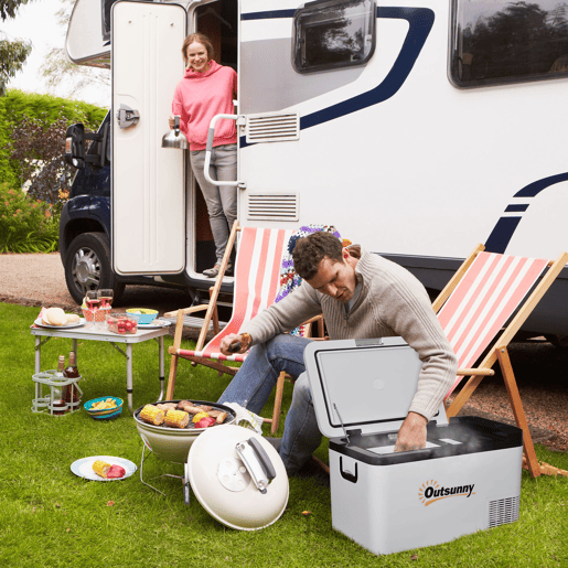 Outsunny Geleira Elétrica de Compressor 25L Portátil até -20? com Luz LED e Alças Dobráveis Geleira de Carro 12V24V e 240V para Casa Campismo Viagem 58,5x33,5x35,2cm Branco