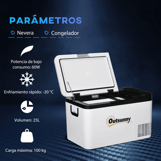 Outsunny Geleira Elétrica de Compressor 25L Portátil até -20? com Luz LED e Alças Dobráveis Geleira de Carro 12V24V e 240V para Casa Campismo Viagem 58,5x33,5x35,2cm Branco