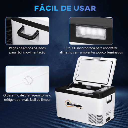 Outsunny Geleira Elétrica de Compressor 25L Portátil até -20? com Luz LED e Alças Dobráveis Geleira de Carro 12V24V e 240V para Casa Campismo Viagem 58,5x33,5x35,2cm Branco
